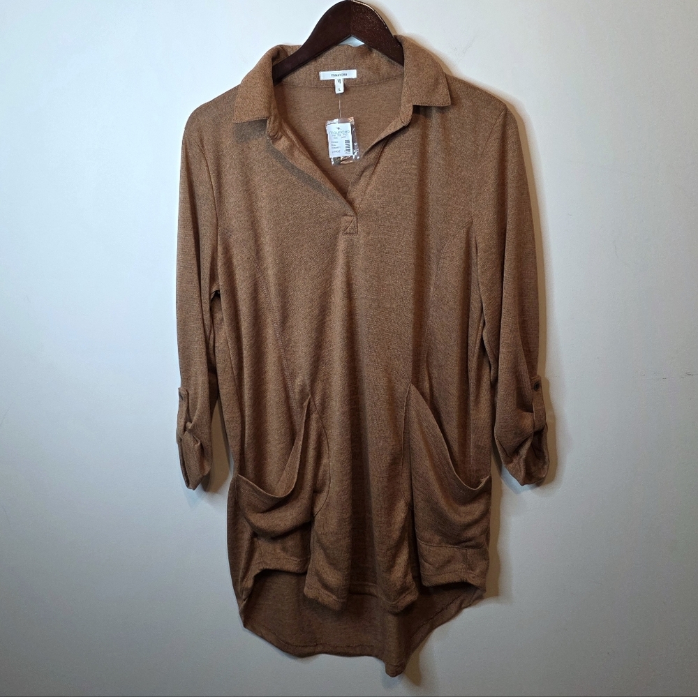 Maurices Heathered Brown High Low Henley Tunic Top Boho Gorpcore Size Large